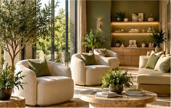 Warm, light-filled wellness lounge